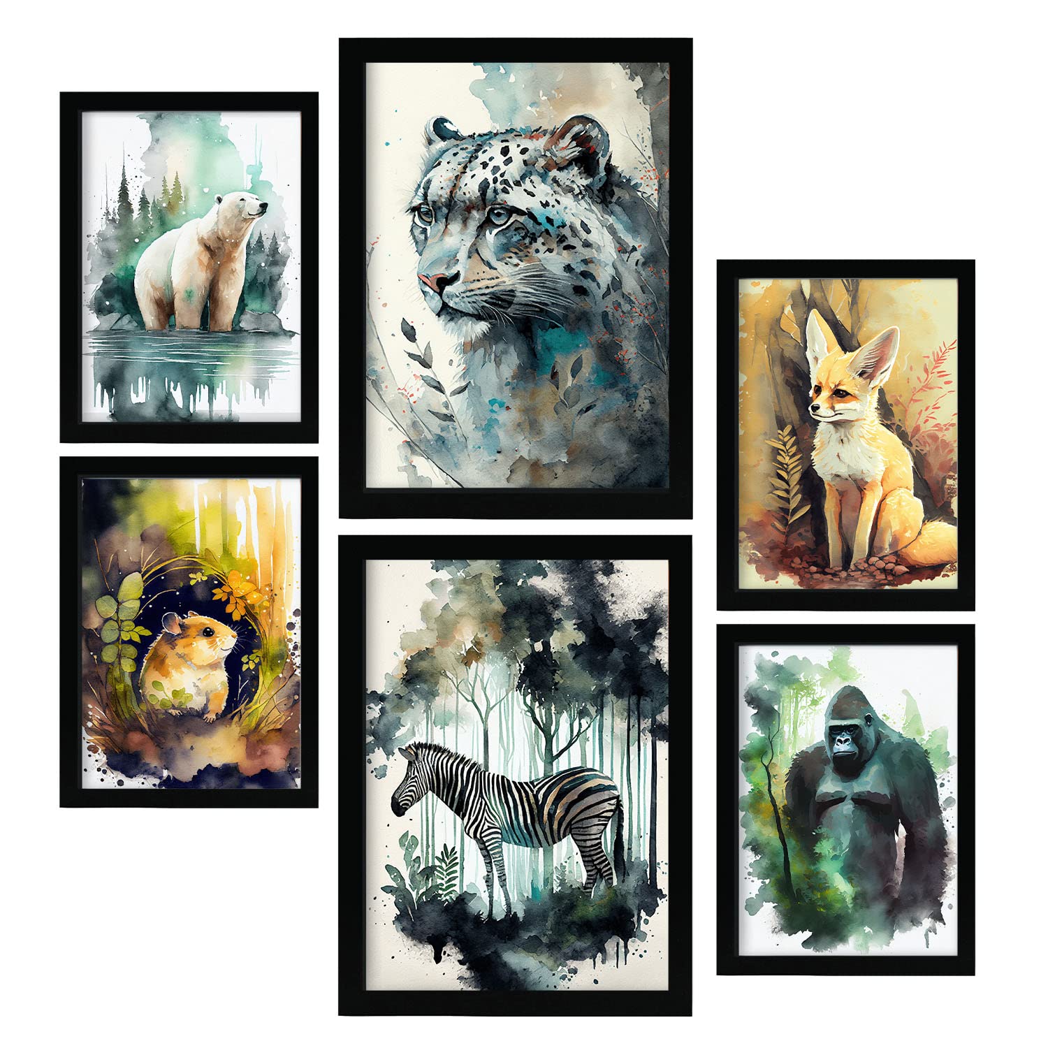Nacnic posters de norte y sur coloridas ilustraciones de animales en paisajes naturales estilo acuarela diseño moderno para la a4 & a3 marco negro