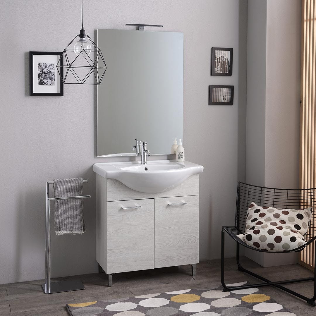 Mueble de baño de suelo 75cm roble blanco efecto madera con espejo y lámpara | rimini