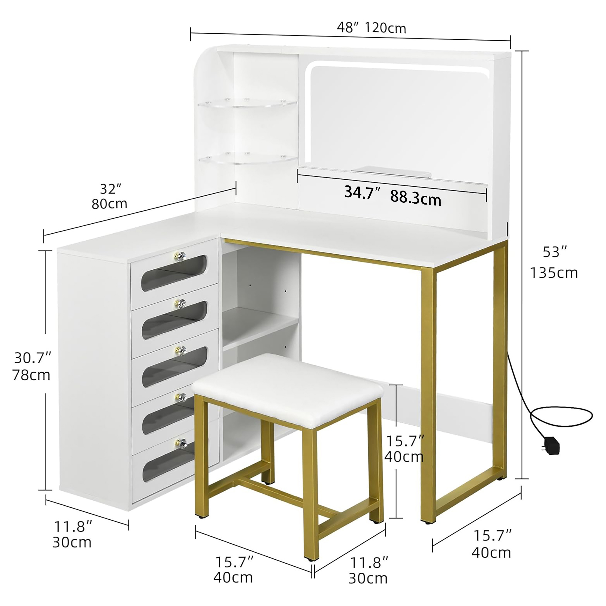 Coiffeuse avec miroir led, tabouret de coiffeuse, 5 tiroirs et 2 compartiments de rangement, design d'angle en L, blanc, table d'appoint, coiffeuse - 4