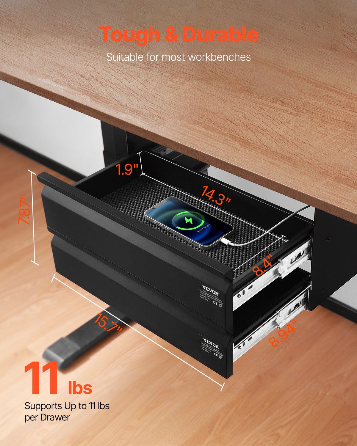 Cassetto Estraibile VEVOR Sotto Scrivania - 440x223x101 Mm, Nero, Organizzatore Ufficio Nascosto