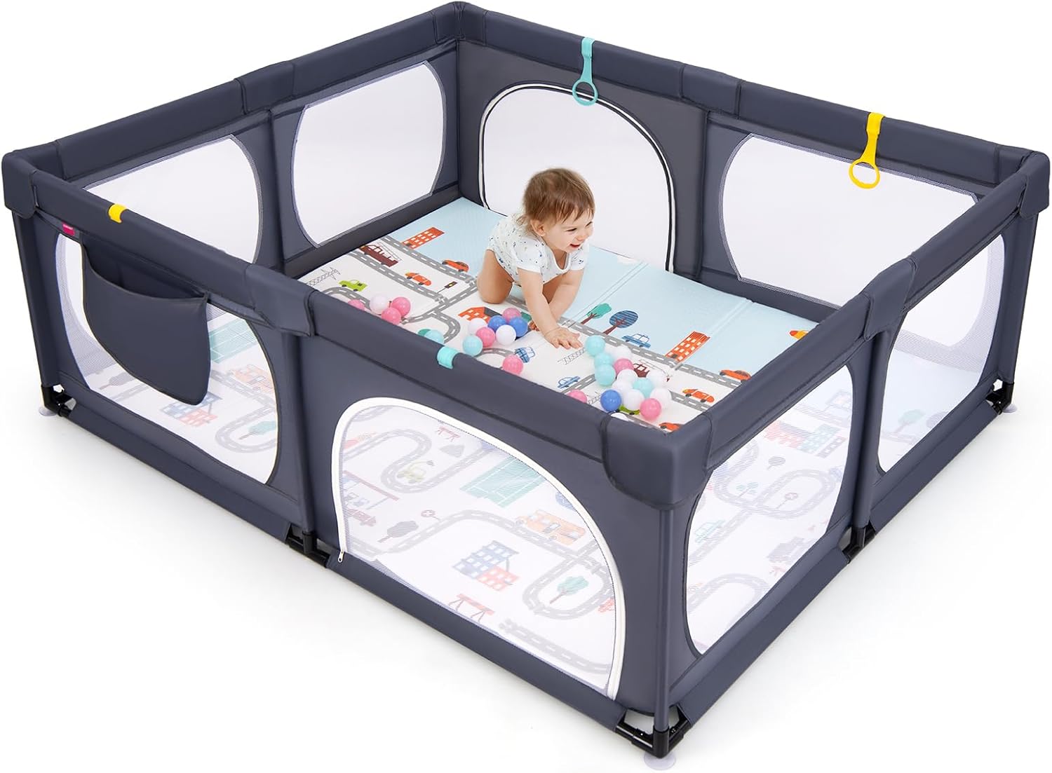 Parque bebé con tapi, gran parque bebé 189x158 cm con 4 anillos de tracción, parque de malla transpirable interior exterior, para 0-6 años (gris