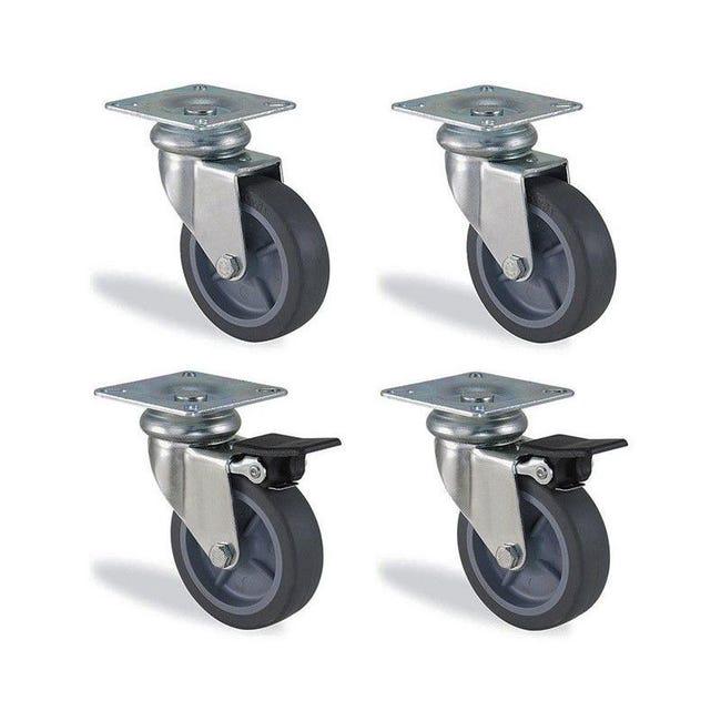 Zestaw kółek obrotowych i obrotowych z hamulcem, gumowych szarych, średnica 50mm, obciążenie 120kg (SKU Produktu: 93627107 | SKU Oferty: 1029LIU08)