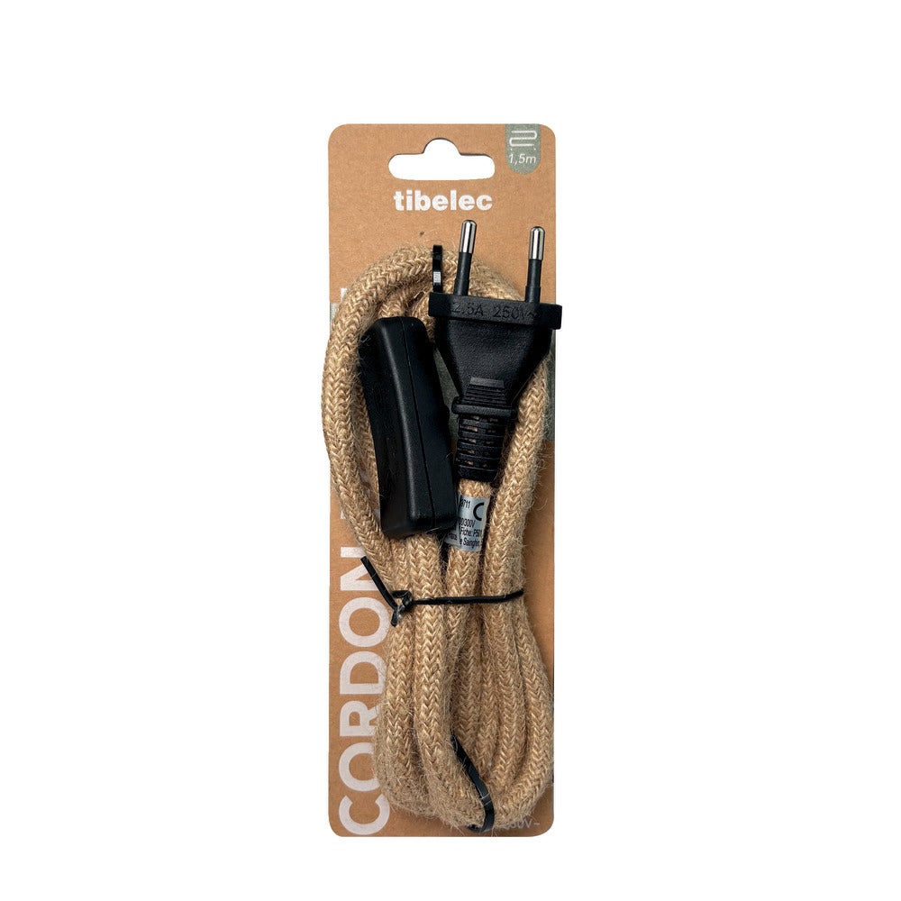 kit précablé, fil tissu rond en corde 2x 0,75MM2 avec interrupteur et fiche noir, longueur 1,5M - Tibelec - 6