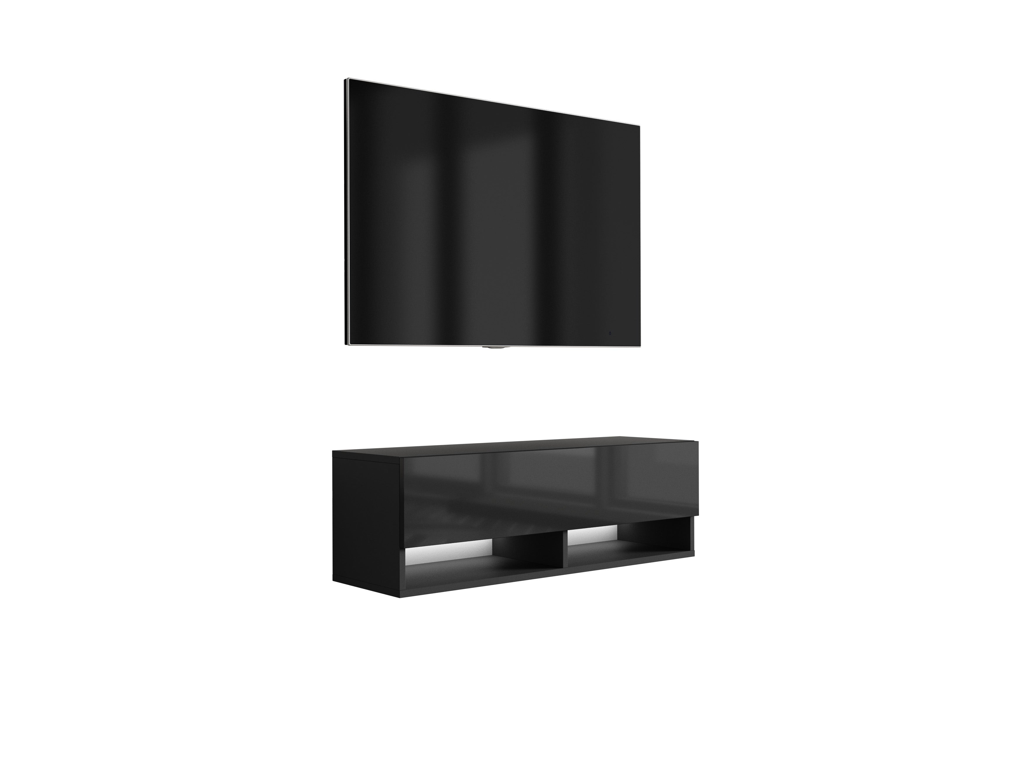 Szafka RTV : Czarny Mat / Czarny Połysk, LED biały, 100 × 32 × 34 cm