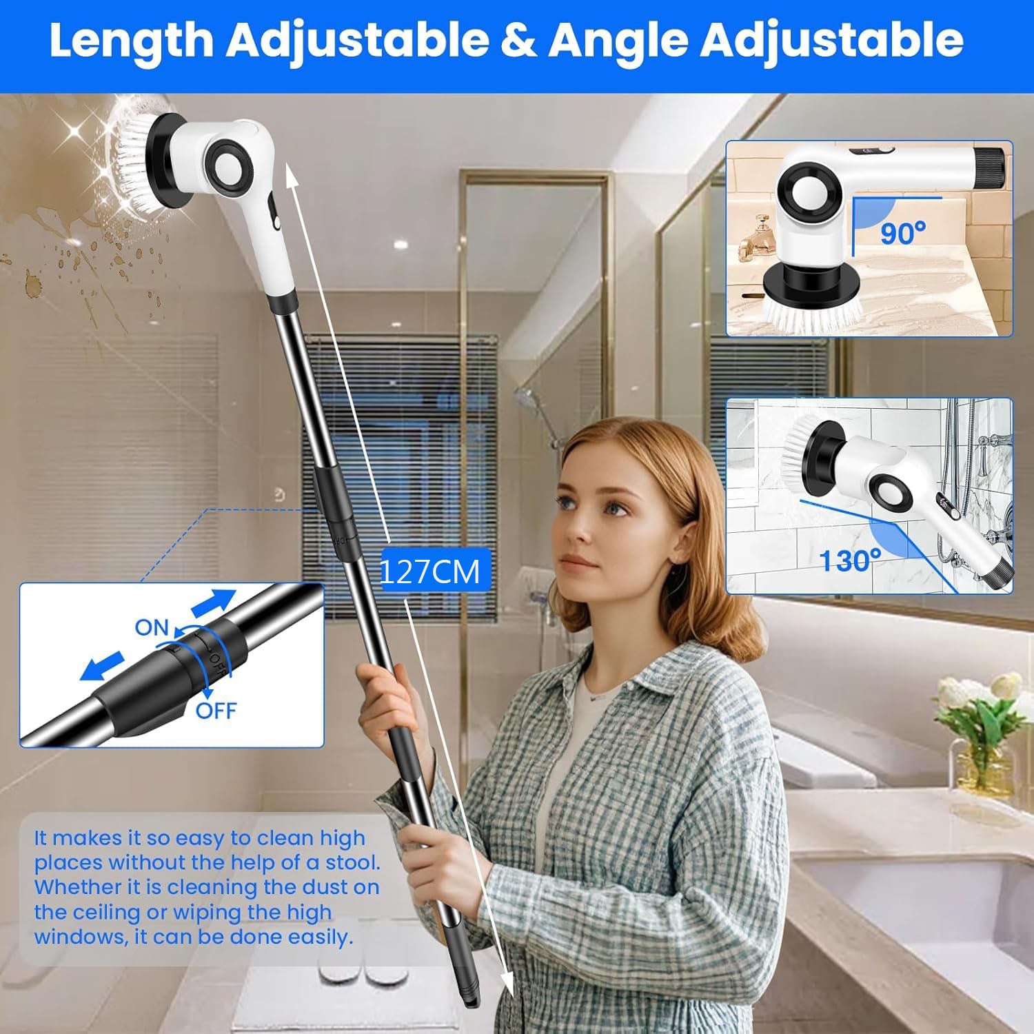 Brosse de nettoyage électrique 7 en 1 avec 7 têtes de brosse remplaçables et manche allongé réglable,brosse de nettoyage électrique pour cuisine,blanc - 4