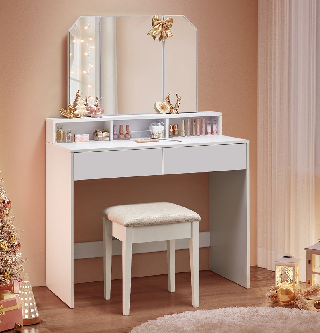 Coiffeuse Avec 3 Miroirs, 2 Tiroirs Et 3 Compartiments De Rangement, Sans Tabouret, 100 x 40 x 142 cm, Blanc - 6