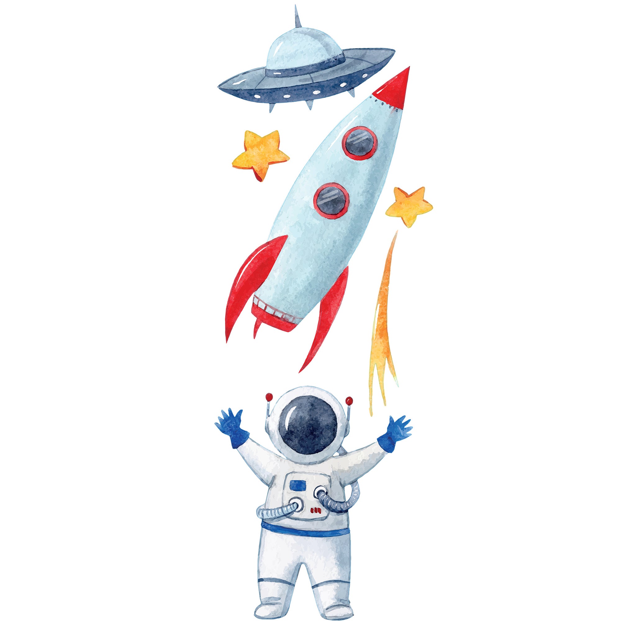 Sticker autocollant décoratif, stickers enfant, direction mars, astronaute et fussée dans un style aquarel, 68 cm X 24 cm - 2