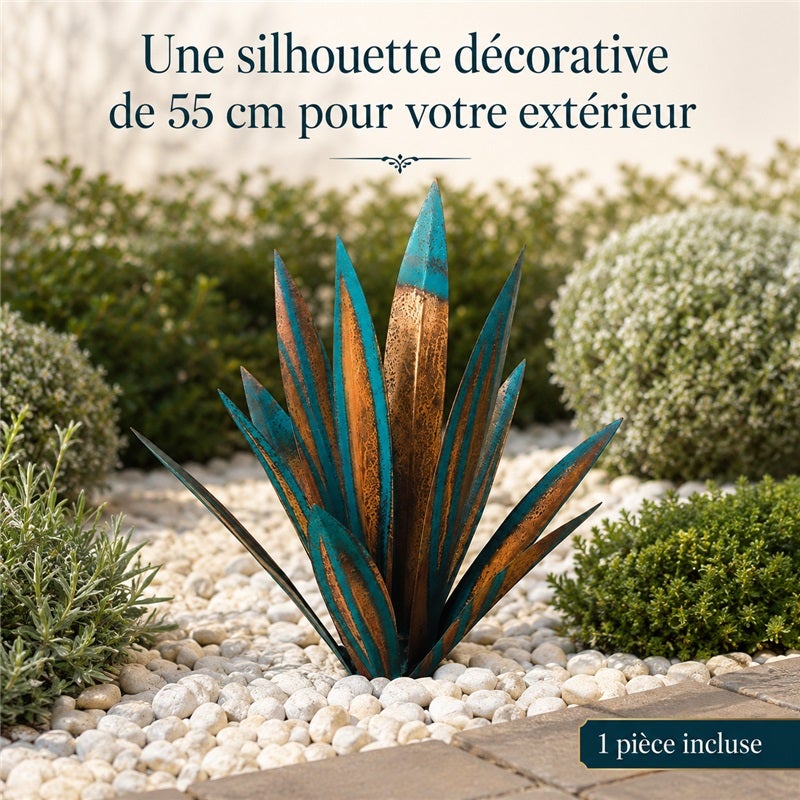 Agave décoratif en métal, sculpture de jardin rustique effet patiné bleu turquoise et cuivre, pour terrasse et extérieur, 55 x 10,5 x 10,5 cm - 7