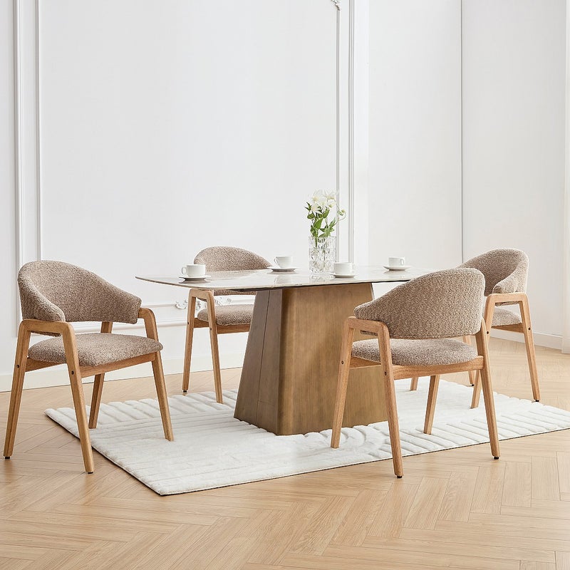 Zestaw 2 krzeseł z podłokietnikami z bukli i drewna kauczukowego - Taupe i naturalny - SOLUNA