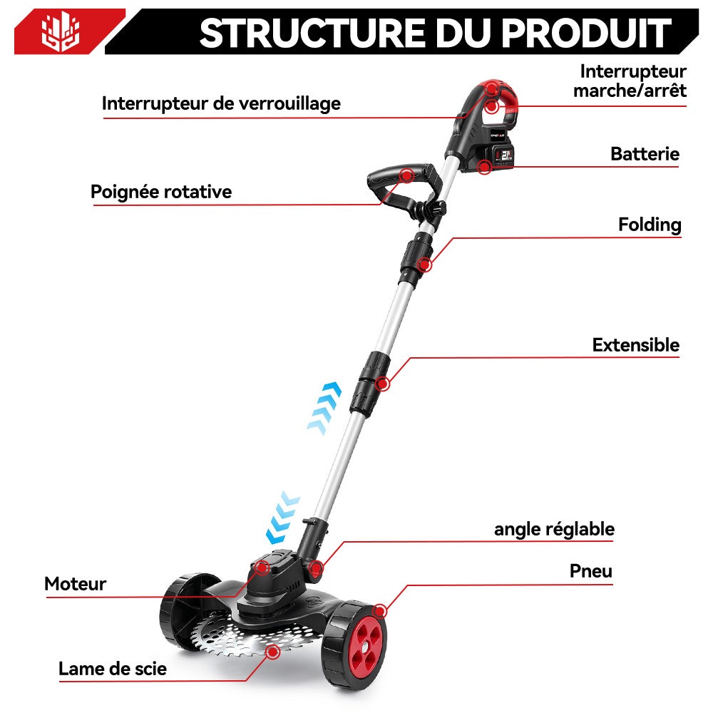 ONEVAN Coupe-bordures sans fil,21V,L30 cm,Manche pliable 135 cm,2 batterie 4.0Ah - 2