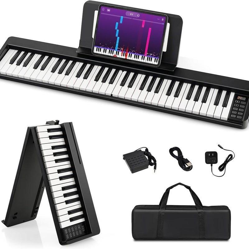 Przenośny Fortepian Cyfrowy z 61 Składanymi Klawiszami, MIDI Bluetooth, 128 Brzmieniami i Rytmami, z Przyciskiem i Torbą Transportową