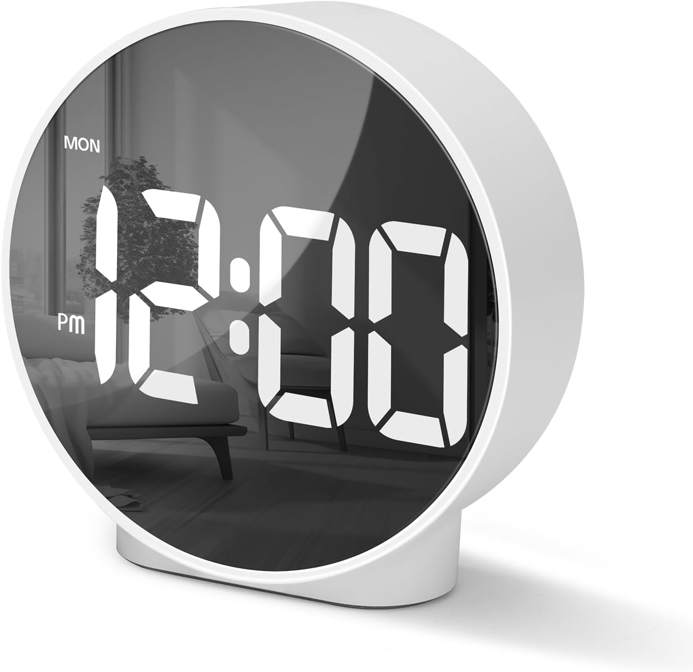 Cyfrowy budzik z zakrzywionym ekranem LED, okrągły, nowoczesny cyfrowy budzik z 2 alarmami, funkcją drzemki, timerem 12/24-godzinnym, 4 regulowanymi p