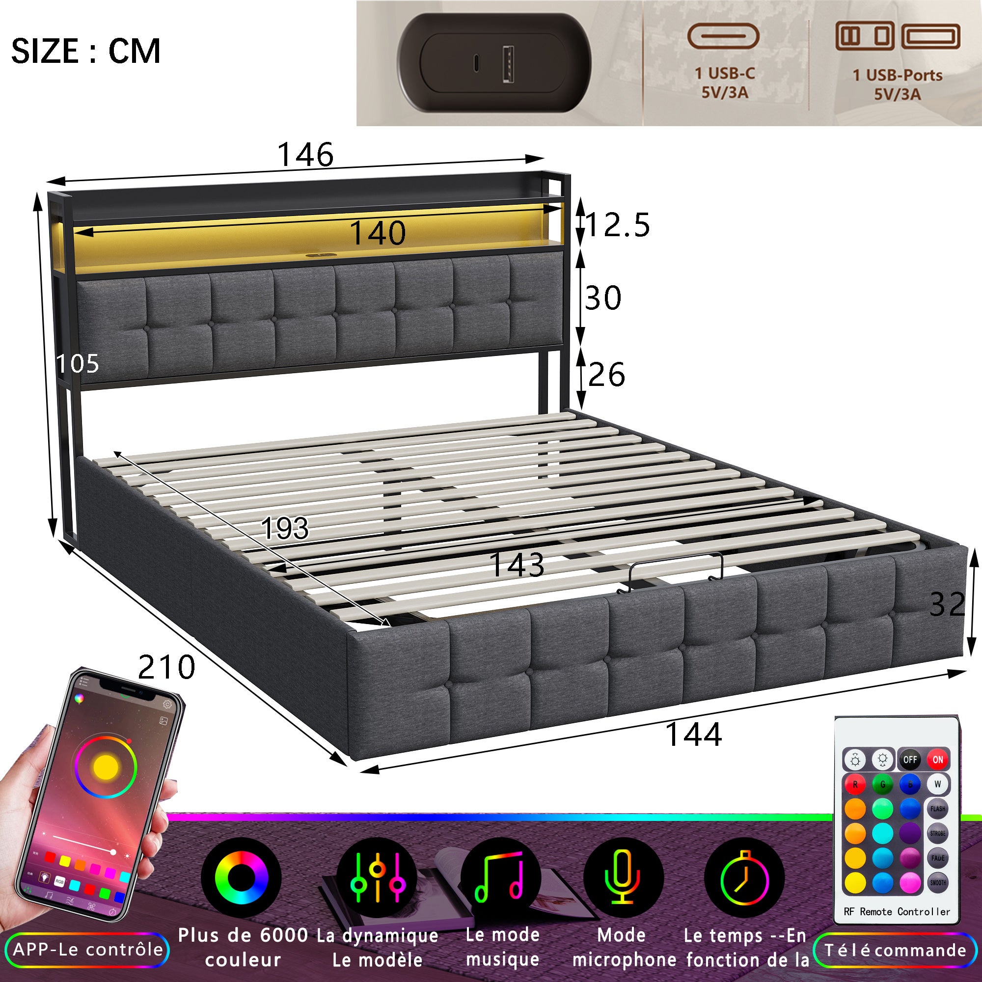 Lit coffre 140x190 cm avec sommier à lattes, lit double 140x190 cm avec LED, cadre de lit adulte avec port USB et Type C, tissu en lin, gris - 6