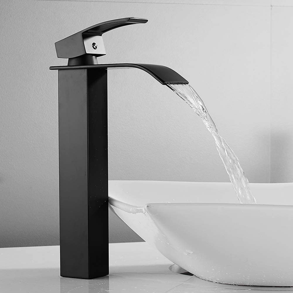 Grifo de cascada negro con caño alto, mezclador de lavabo alto