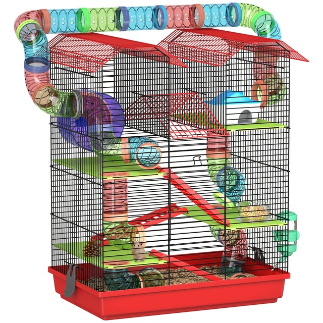 Gaiola Hamster 5 Níveis 47x30x59cm Vermelha com Túneis Roda Bebedouro Casa Completa