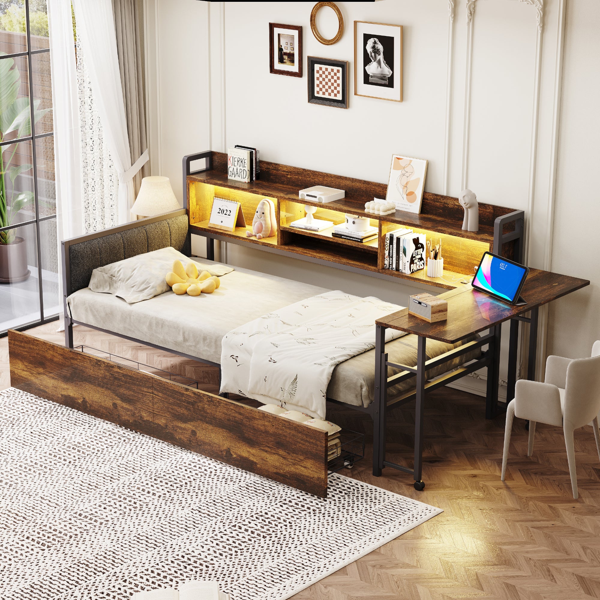 Łóżko 90 x 200 cm z 2 szufladami, biurkiem i schowkami, Sofa rozkładana - Żelazo + sklejka + MDF - Naturalne (bez materaca)