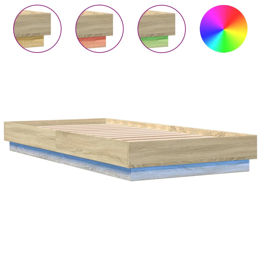 Łóżko Brązowe Rama Łóżka Ze Stelażem Łóżko Do Sypialni Pokoju LED 90x200 cm