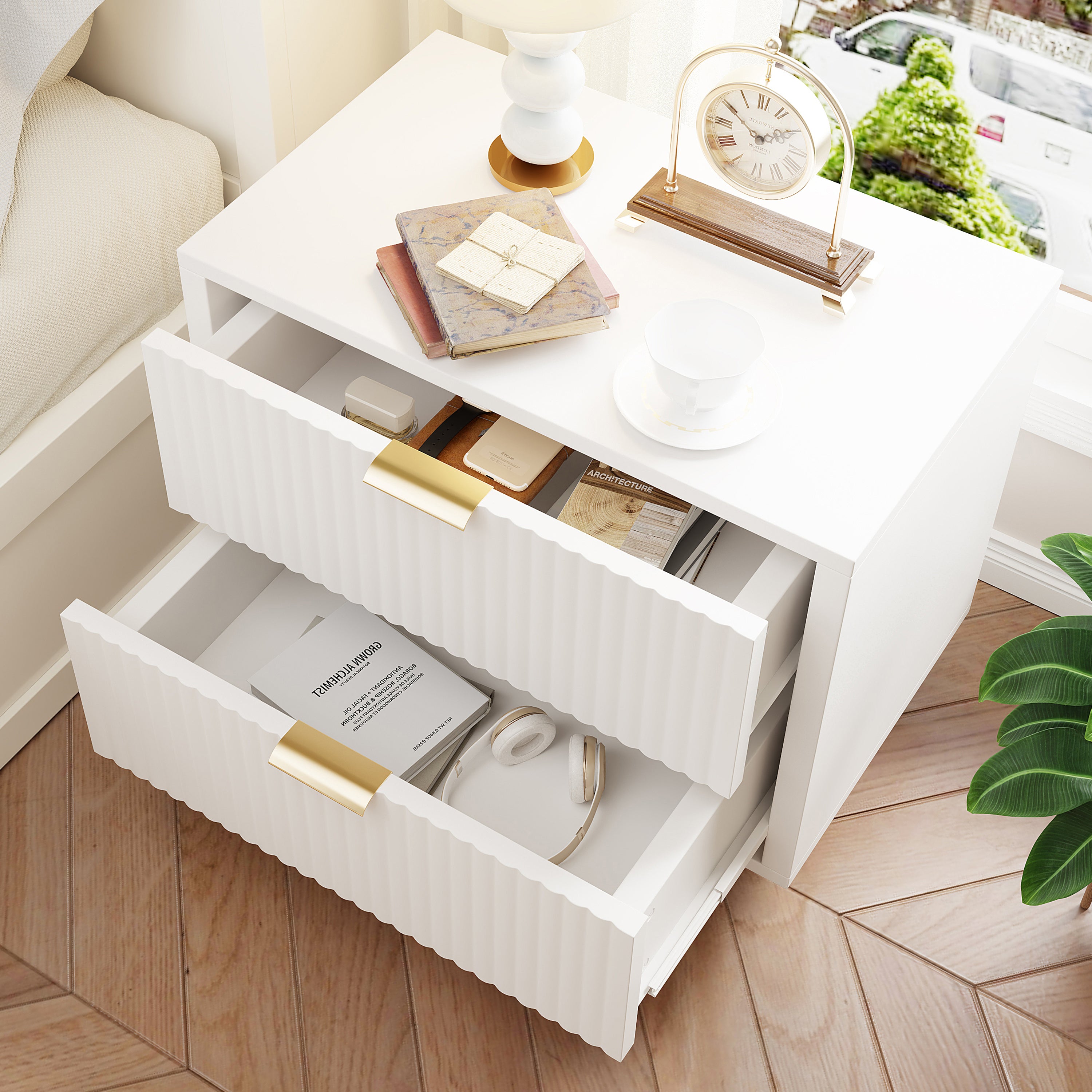 Lot de 2 tables de chevet, 2 tiroirs, façade ondulée, poignées en métal, pieds en acier inoxydable - L.40 x P.40 x H.55 cm - style scandinave - blanc - 3