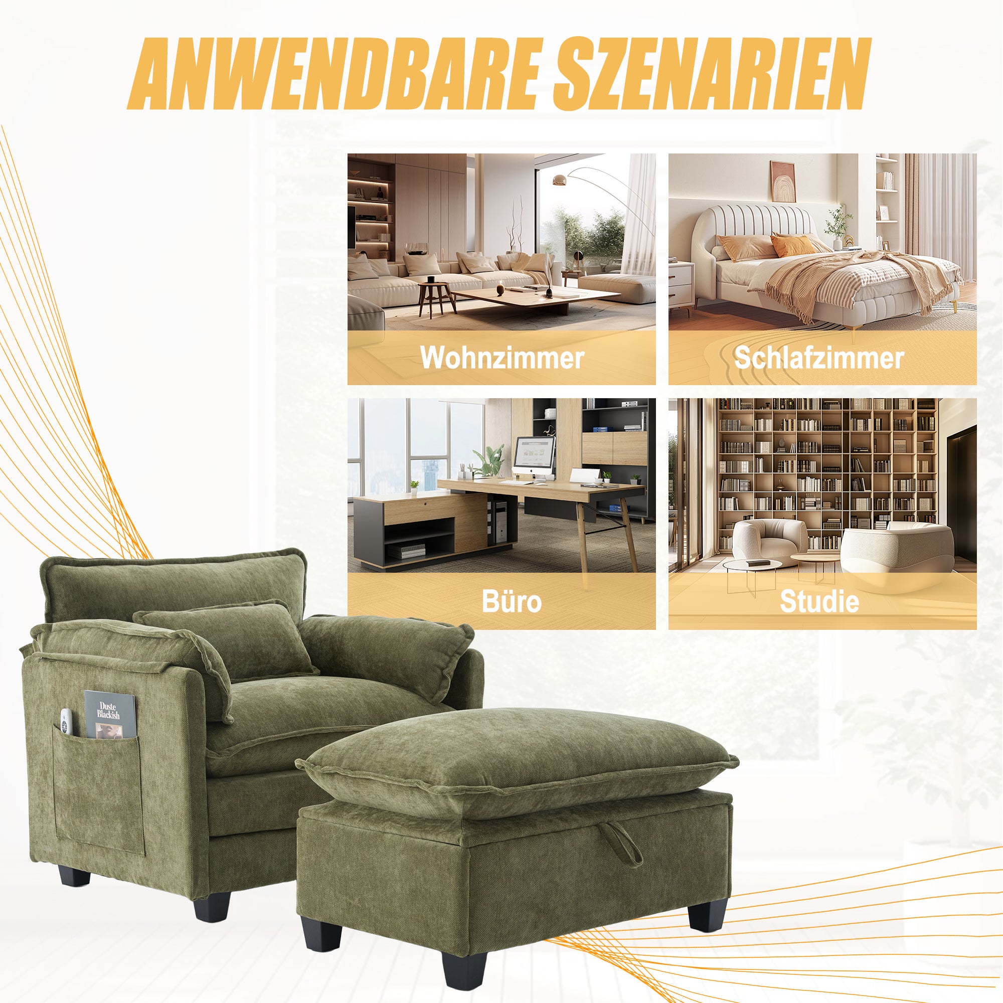 Fauteuil Relax , 3 Places Avec Coussins Et Accoudoirs À Poches Revêtement Chenille Vert - 8