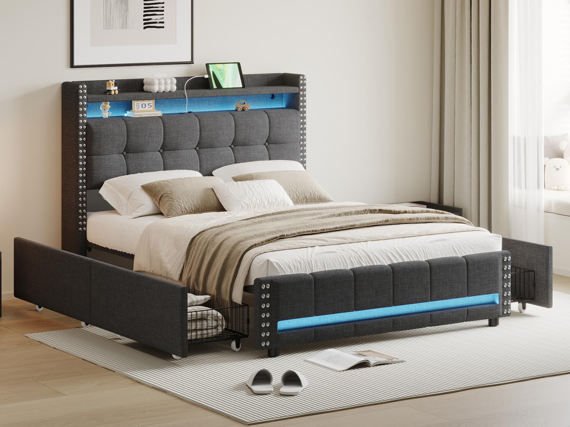 Łóżko dla dorosłych z szufladami 140x200cm w pościeli - z wtyczką LED i USB - z listwową podstawą - Szare