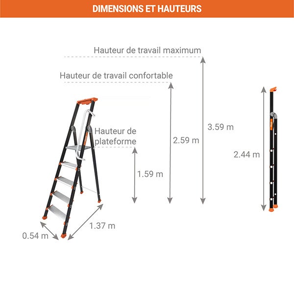 Escabeau pro 7 marches avec rampe - Hauteur max. de travail 3.59m - 2375817-MC - 2
