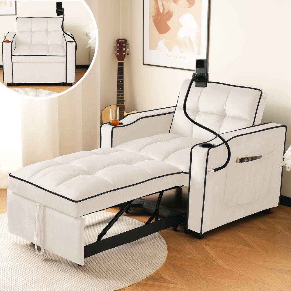 Sofa rozkładana 3 w 1 z aksamitu z uchwytem na kubek i stojakiem na telefon – rozkładana sofa, kompaktowa do małych przestrzeni, 33" x 66" x 30"