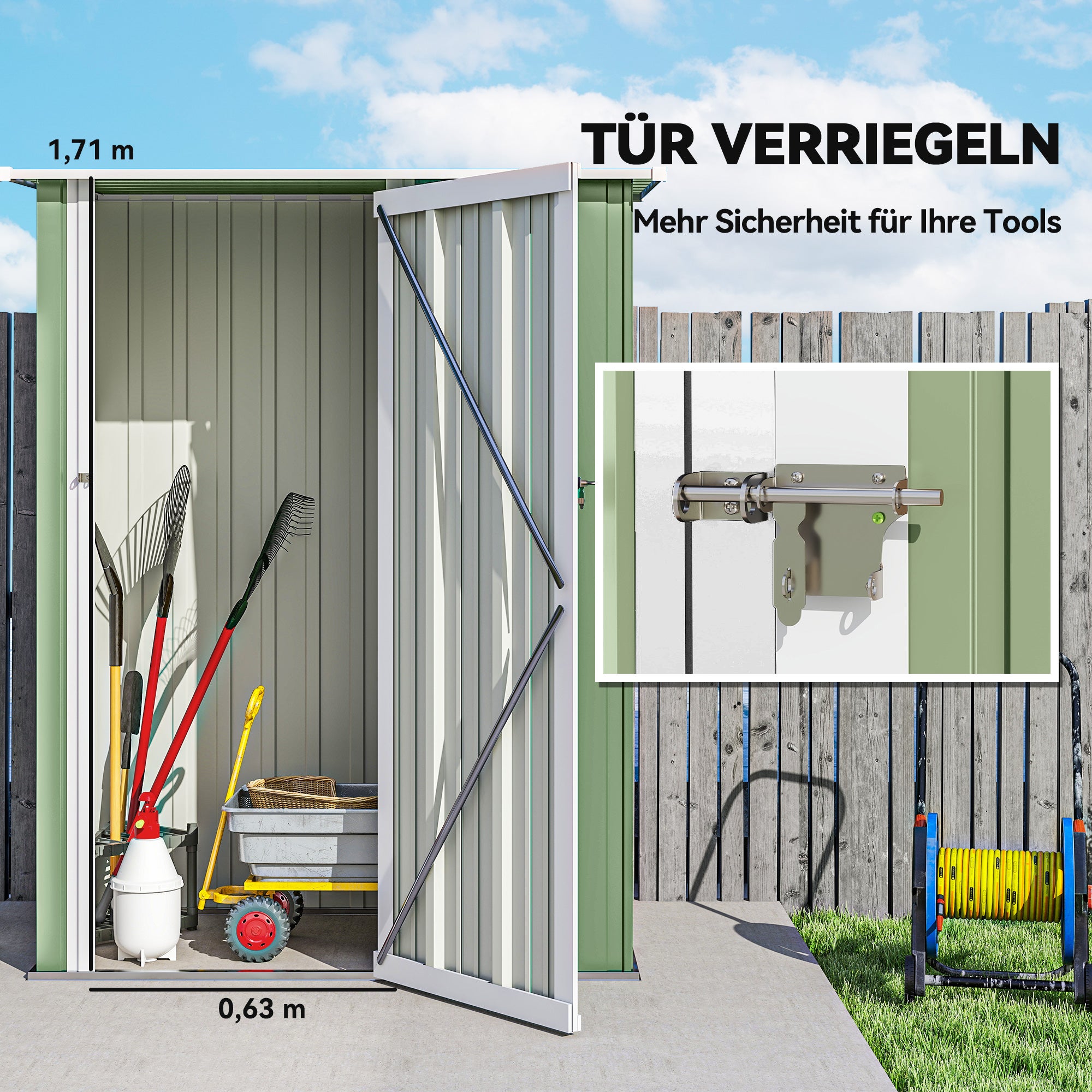 Cet abri de jardin en métal a une superficie de 1,07 mètre carré, un toit en pente, une porte verrouillable et un abri à outils. - 6