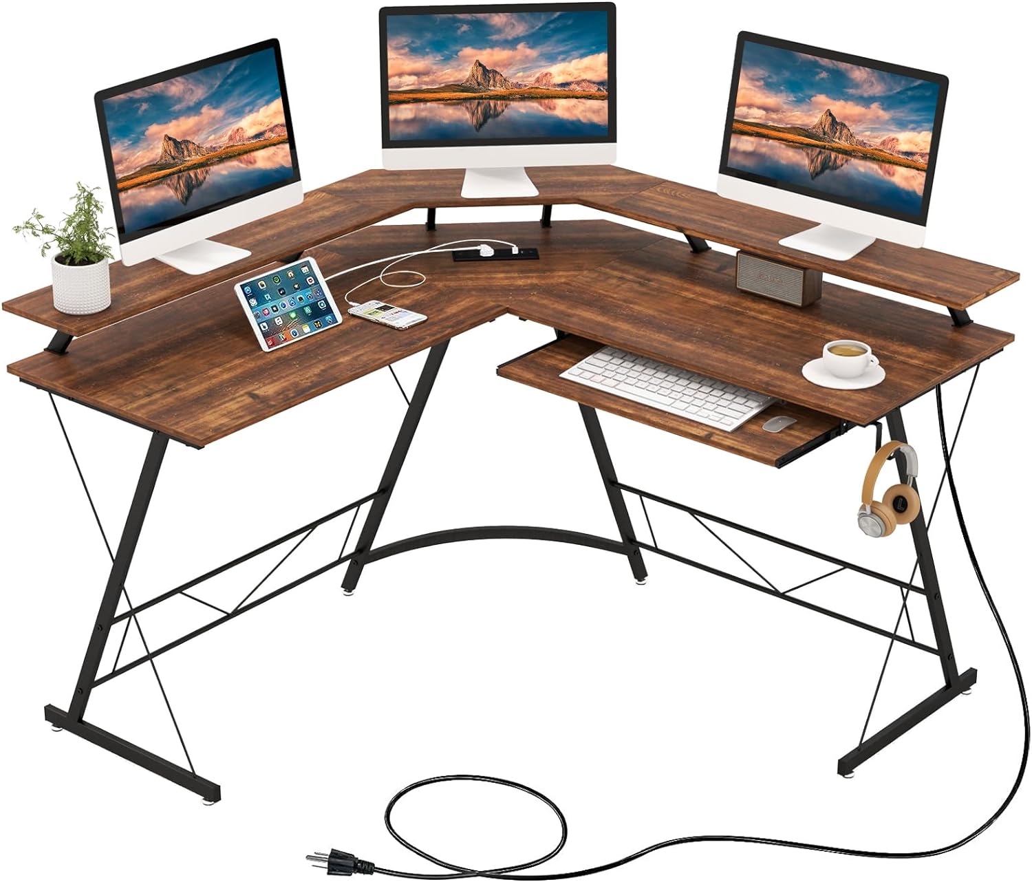 Costway  Escritorio Esquinero 130X130 Cm, Escritorio En L Con Toma De Corriente, Soporte Para Monitor, Bandeja Para Teclado, Gancho Para Auriculares, M Marrón/Negro , Leroy Merlin