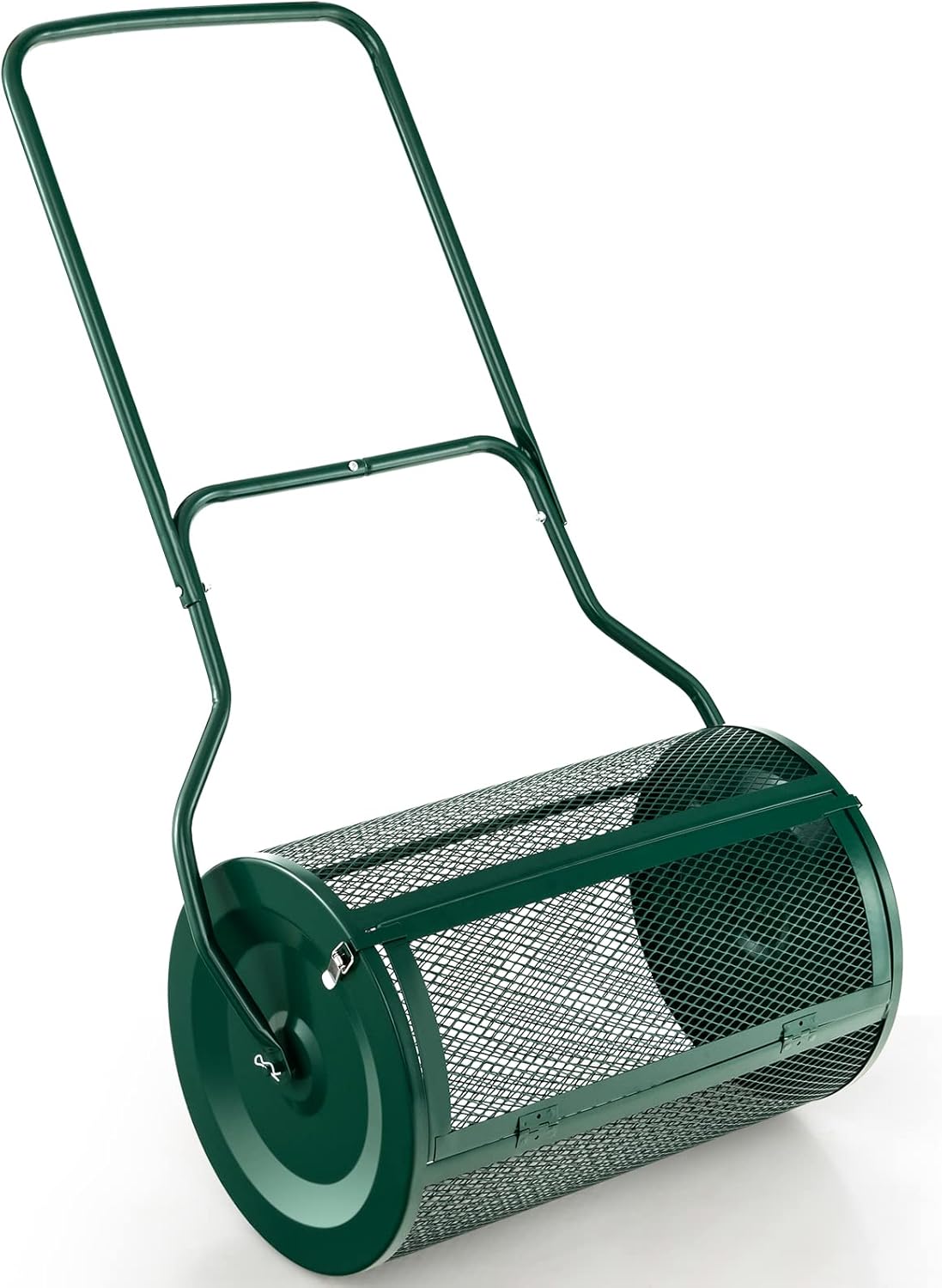 Rozrzutnik Kompostu 60,5 cm Pojemność 76 l – Uchwyt w Kształcie Litery U – Boczne Zatrzaski – Metalowa Rolka – Rozrzutnik Nawozu w Kolorze Zielonym