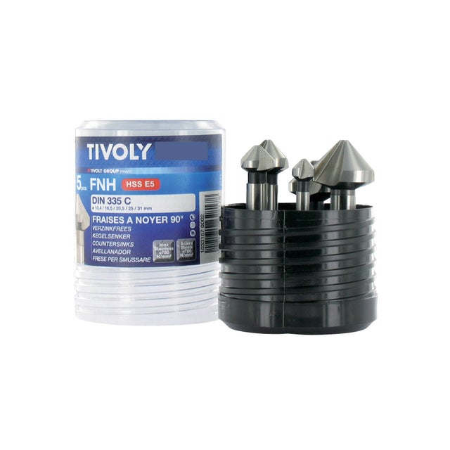 Tivoly • Coffret 5 fraises à noyer HSSE5% cobalt DIN335C à 90° Ø 10,4 à 31 mm PREMIUM