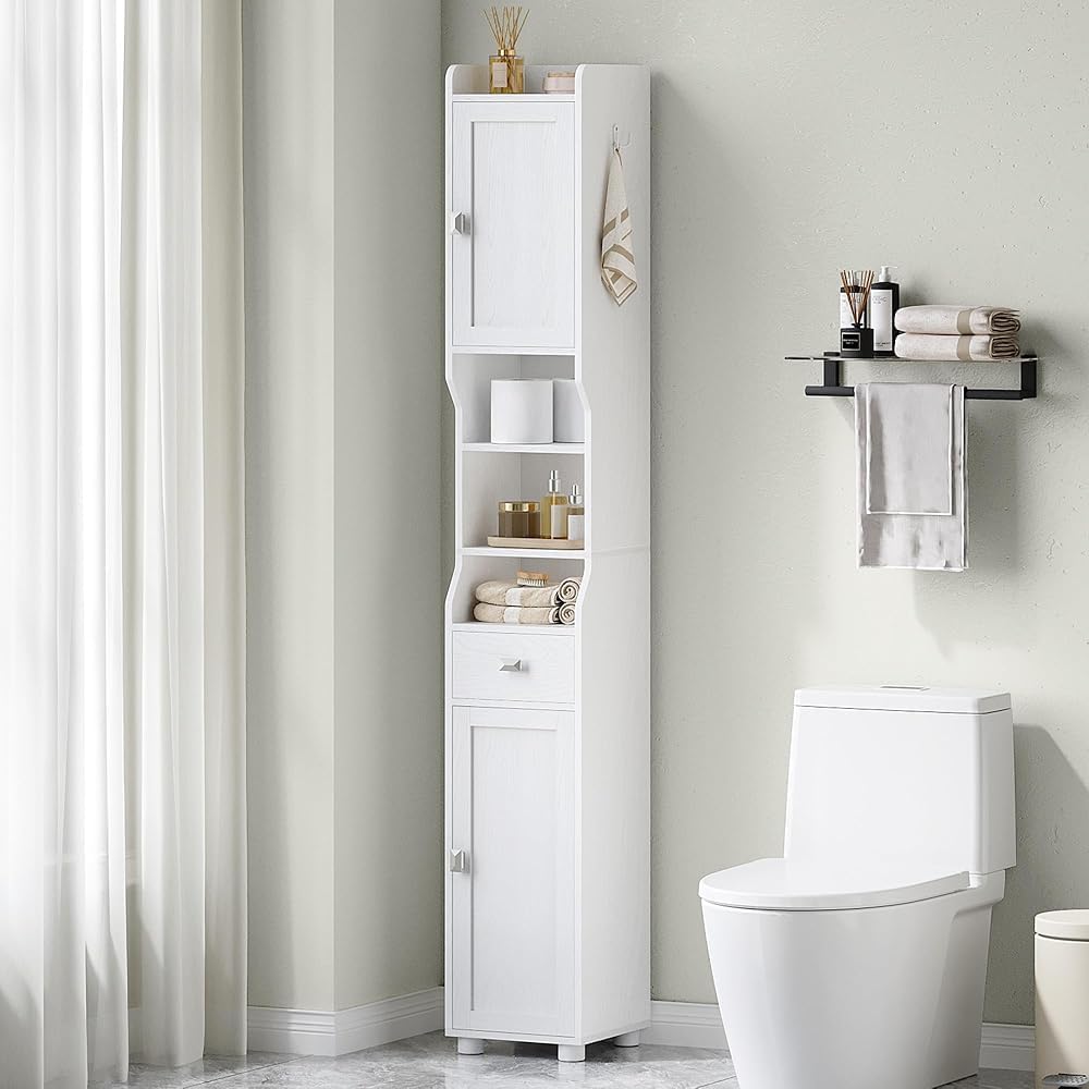Armoire de Salle de Bain Étroit, Meuble de Rangement Haute avec 2 Portes et 1 Tiroir, Étagère Réglable, Compartiment Ouvert,Blanc - 2