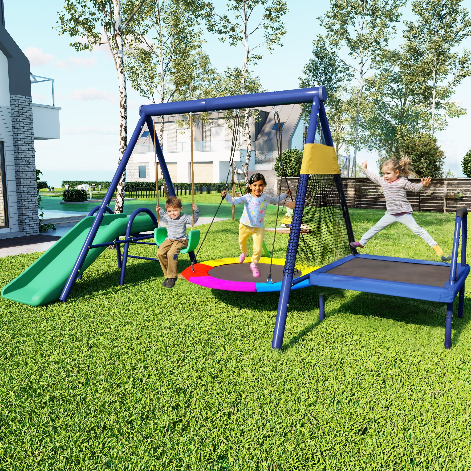 Ensemble de balançoires extérieures avec balançoires, toboggan, trampoline, en acier - 3