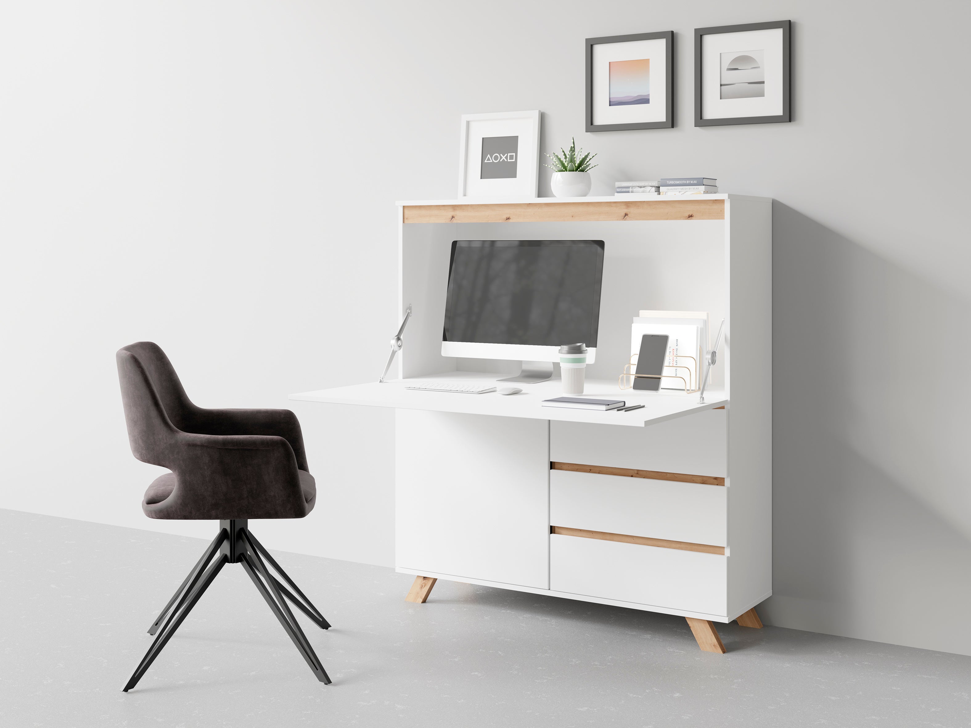 Secrétaire byLIVING VALENTIN / Secrétaire blanc mat avec imitation chêne / Armoire de bureau avec 1 porte et 3 tiroirs / L 120, H 127, P 38 cm - 8