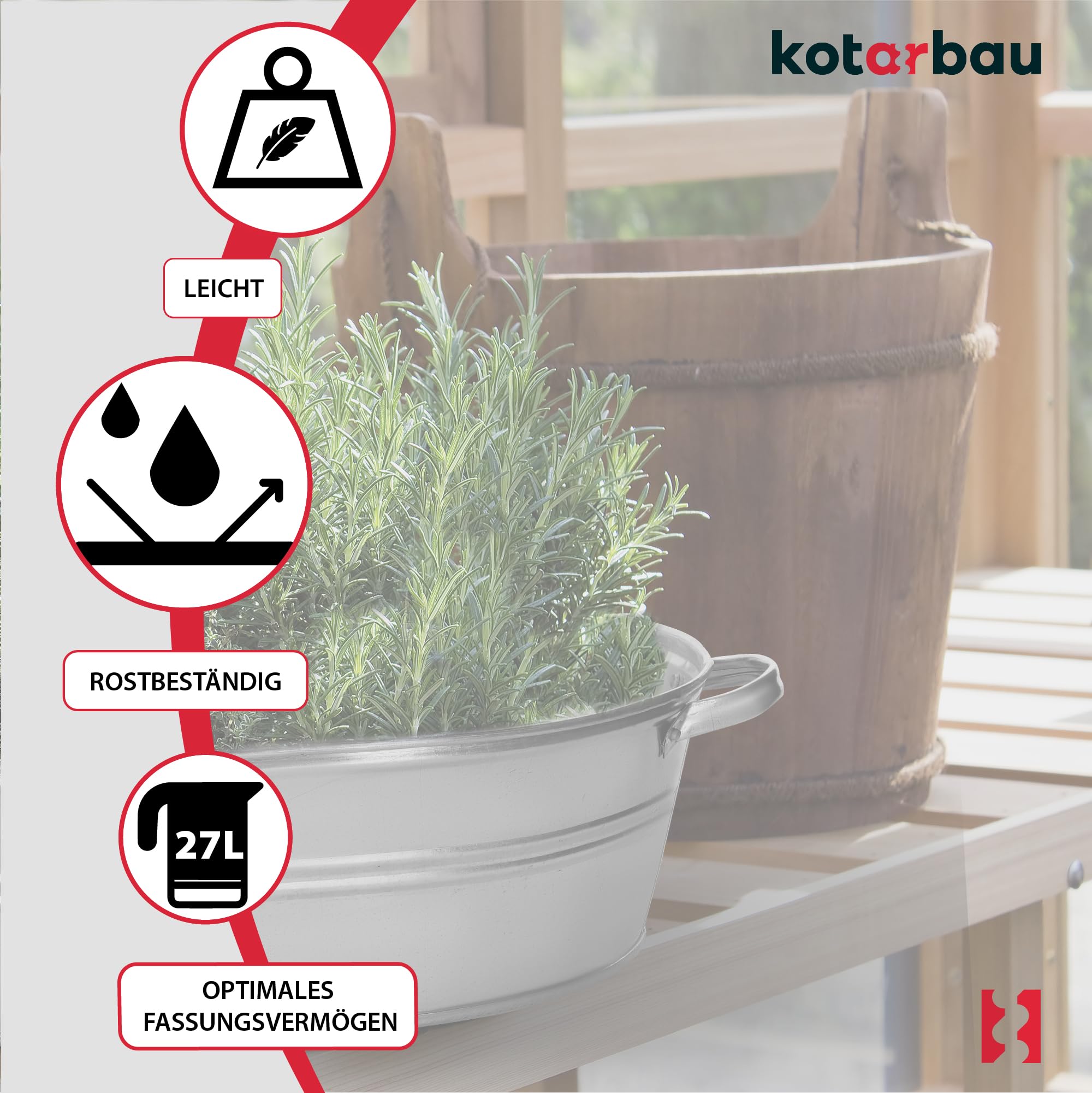 Bassine Zinc - Acier Galvanisé - 27L - Argent - Jardiniere Zinc - avec Poignées - Rustique KOTARBAU - 5