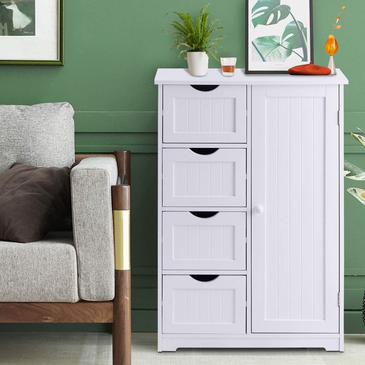 Commode de Rangement avec 4 Tiroirs et Porte Magnetique, Etagere Hauteur Reglable, Meuble de Rangement pour Salon/Chambre/Bureau Blanc 55 x 30 x 81CM - 4