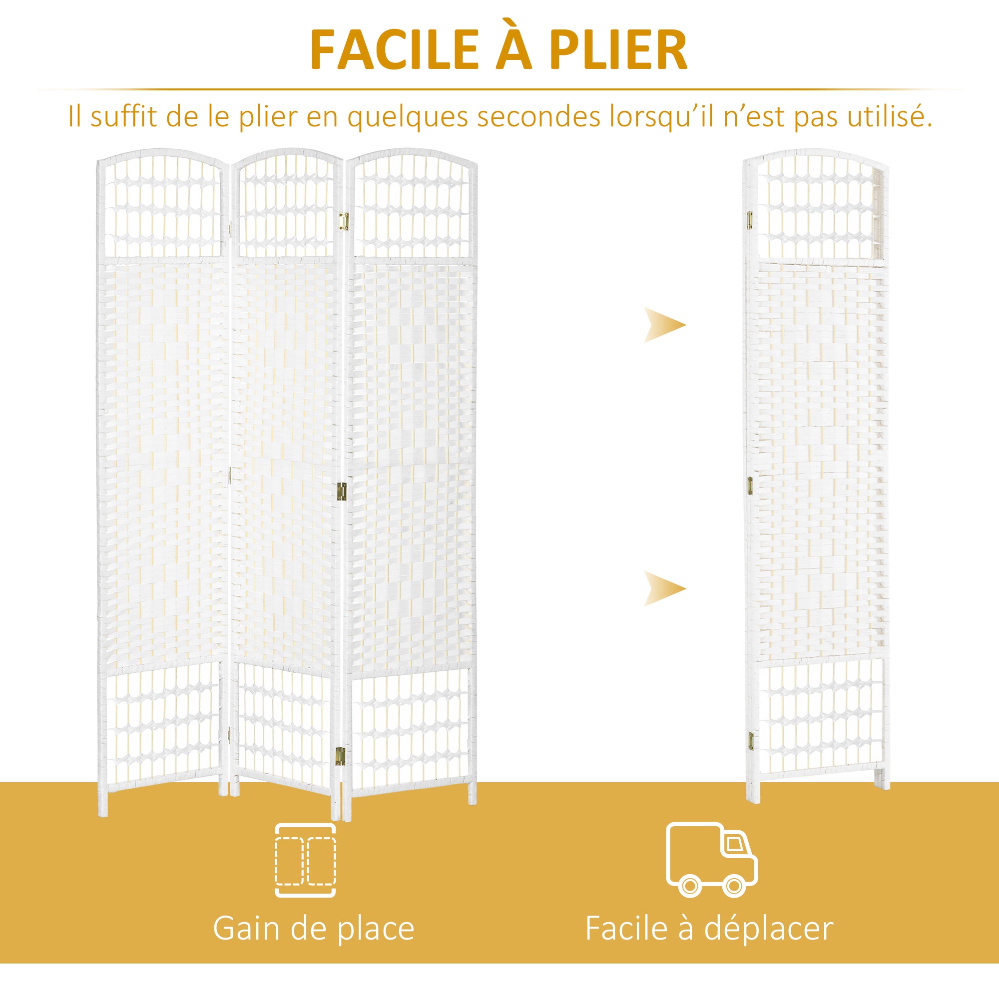 Paravent intérieur bois séparateur pièce cloison pliable 3 panneaux 120x170 cm blanc - 6