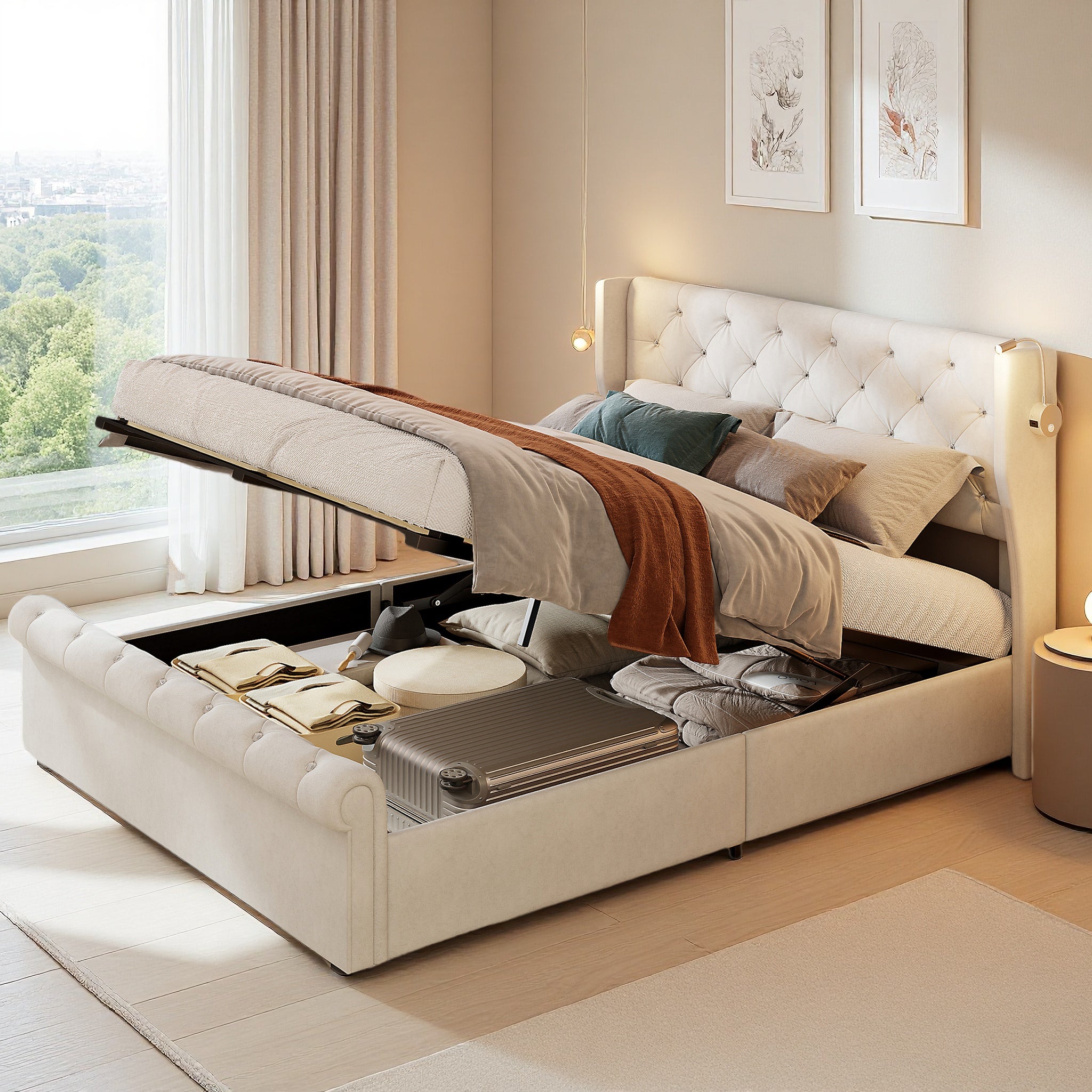 Lit coffre 140x190 velours beige, tête de lit avec LED et port USB, sommier à lattes inclus, rangement hydraulique à vérins, chambre adulte - 2