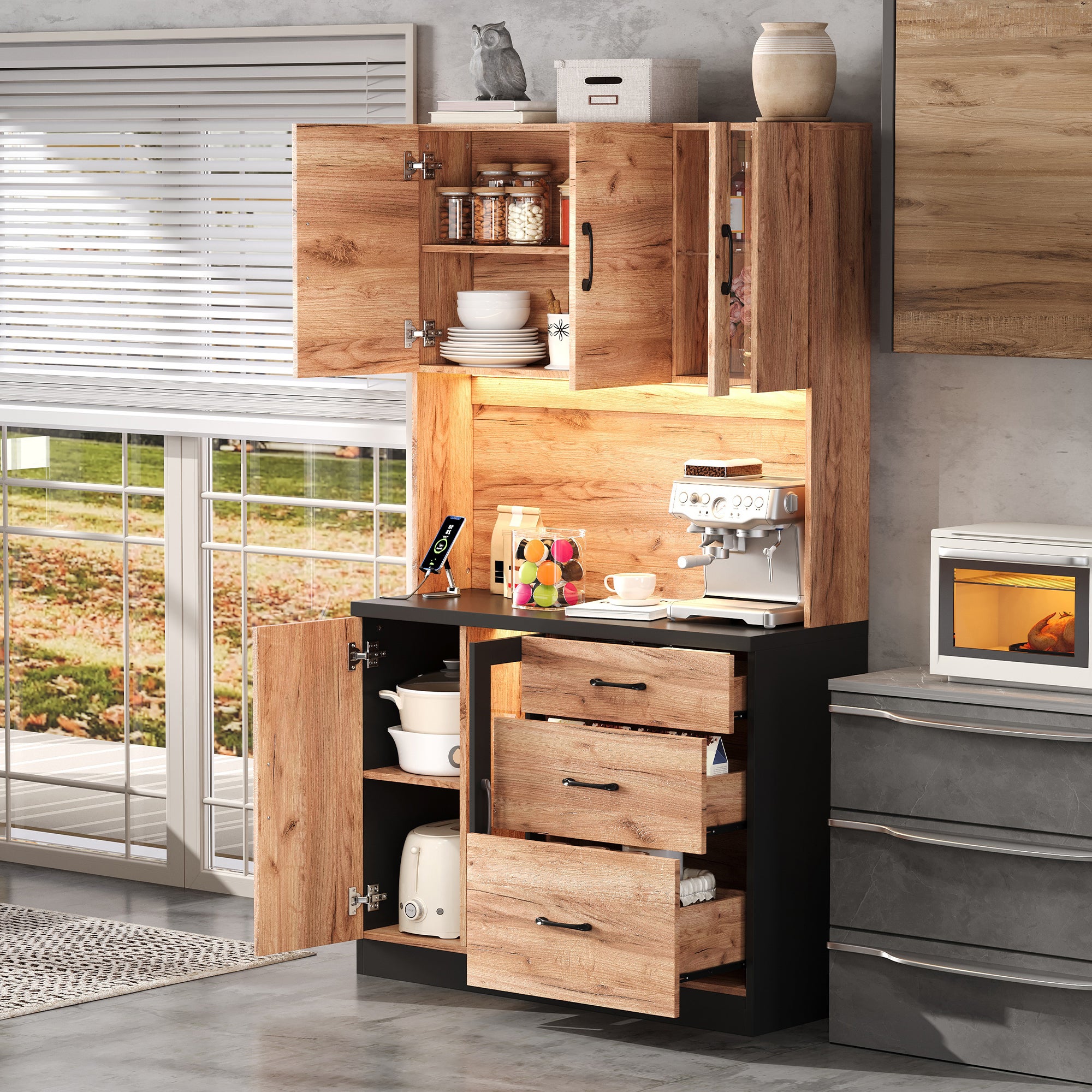 Nowoczesny kredens kuchenny 105x40x180cm - z gniazdkiem i LED - z 3 szufladami i 4 drzwiami - wygląd słojów drewna - Naturalny + Czarny