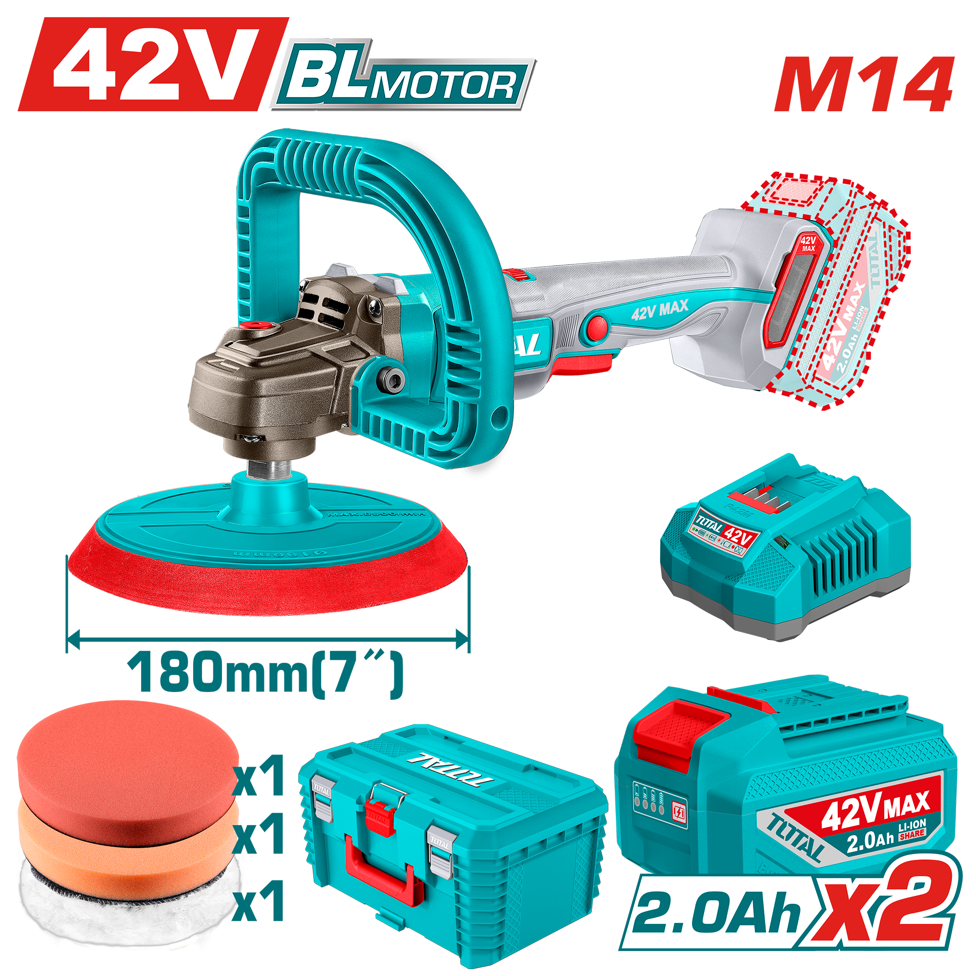 Masina de polisat TOTAL 42V, 180 mm, brushless, cu 2 acumulatori 2.0Ah si incarcator