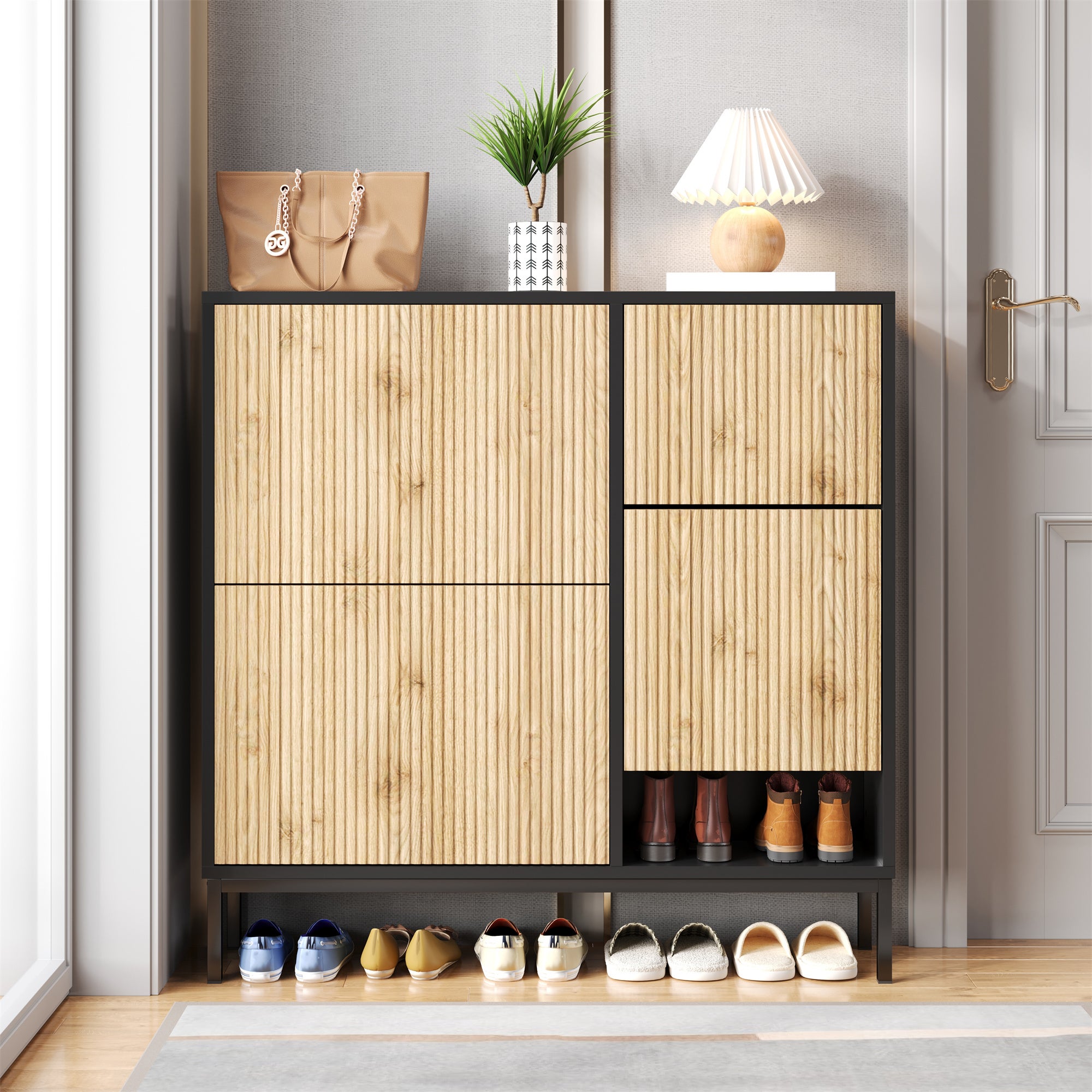 Szafka na buty z 4 drzwiami i przewijakiem - 105 x 25 x 115,5 cm - MDF - Czarny połysk