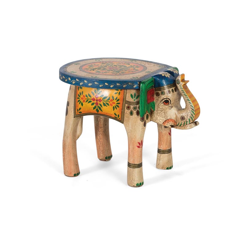 Tabouret z drewna manguier pomalowanego à la main z wielobarwnymi detalami