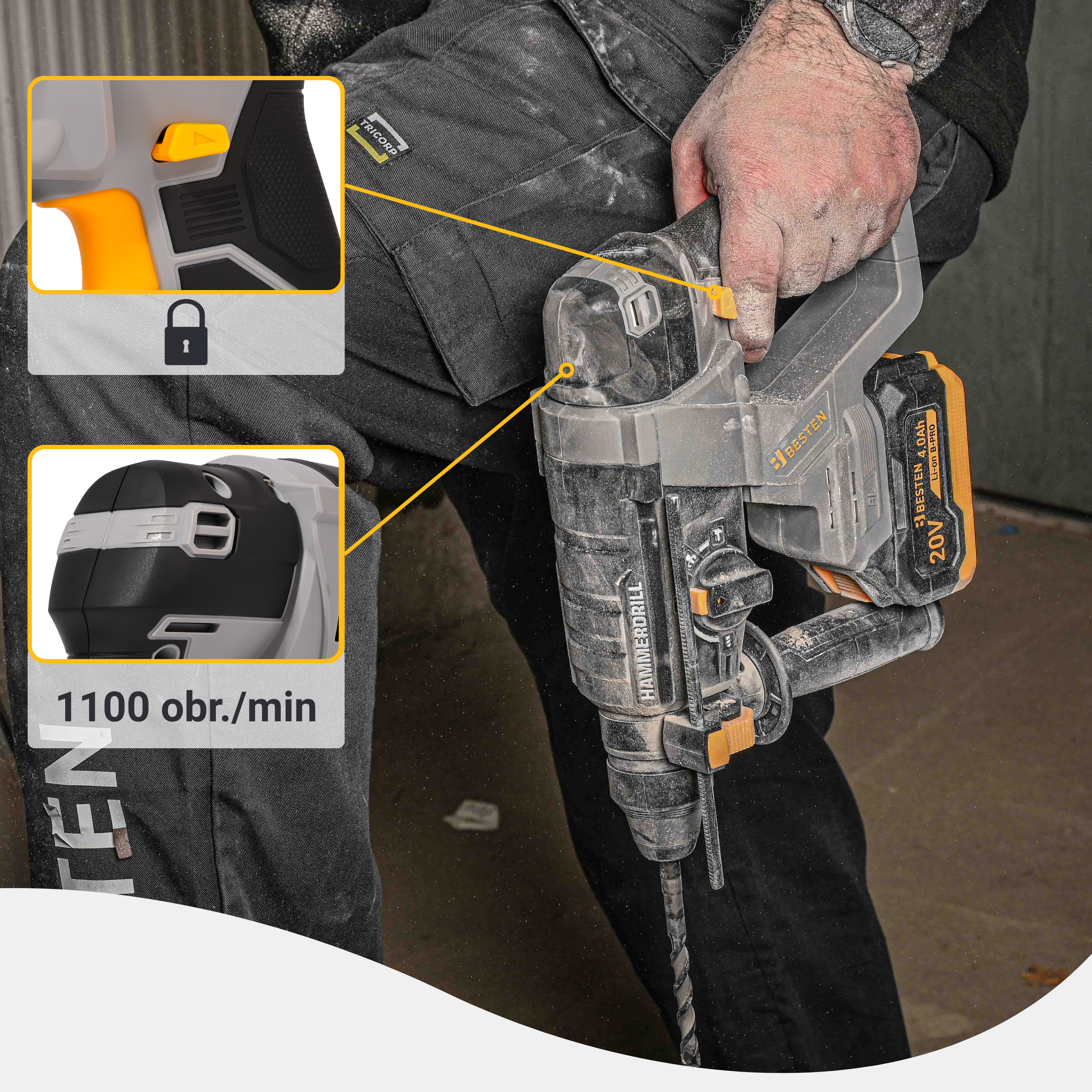 Młotowiertarka akumulatorowa SDS+ BESTEN BE0002904 20V 2J – do betonu, bezszczotkowa, 2x 4.0Ah, walizka - 5