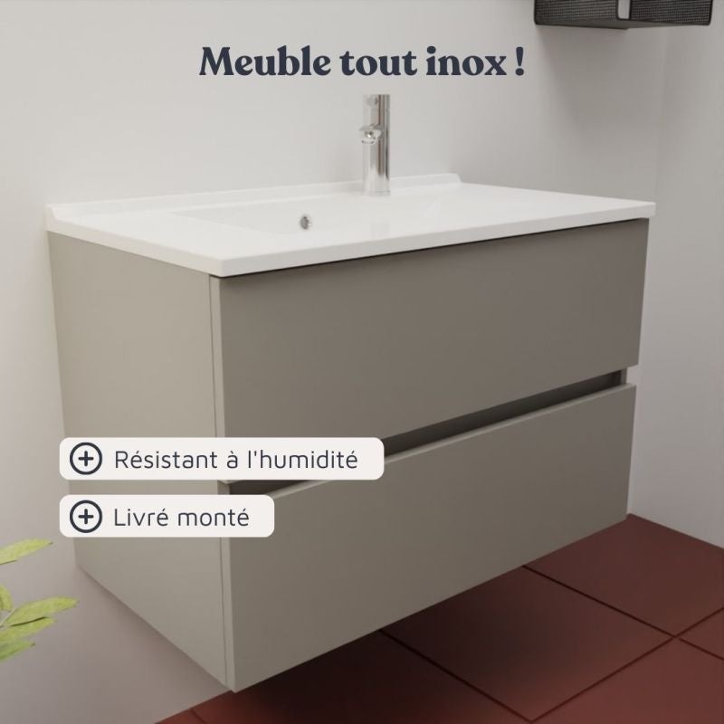 Meuble vasque ROSALY INOX 80 cm + miroir Elégance ht105- Gris- Plan vasque en Résine - 6