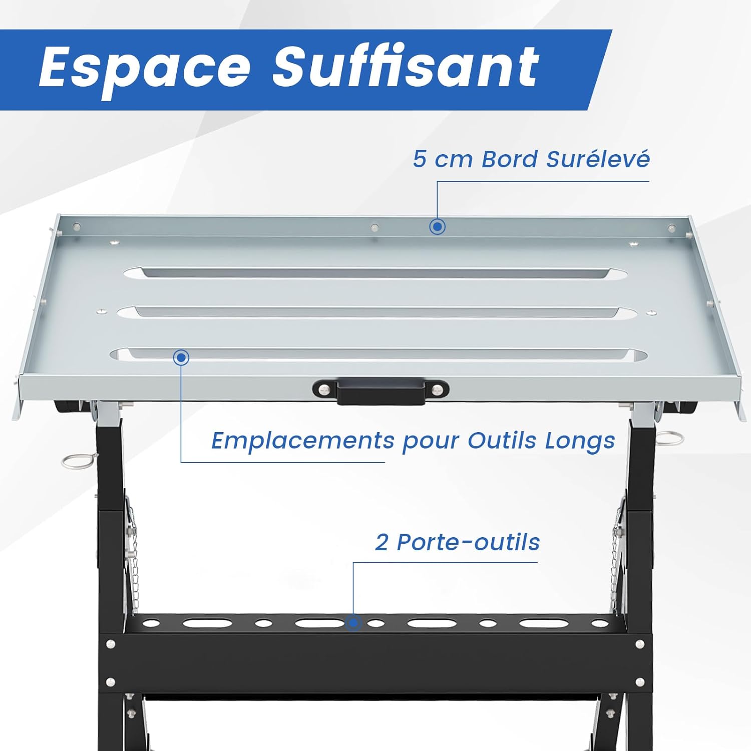 Banco da Lavoro Pieghevole, Tavolo da Lavoro Portatile con Piattaforma Inclinabile e Altezza Regolabile, 2 Ruote, con 3 Slot e 2 Portautensili - 7