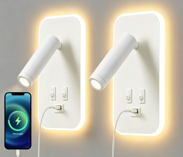 (2 sztuki) Lampka LED do czytania, lampa ścienna do nauki, lampka nocna, regulowana, z portem ładowania USB, światło neutralne, białe