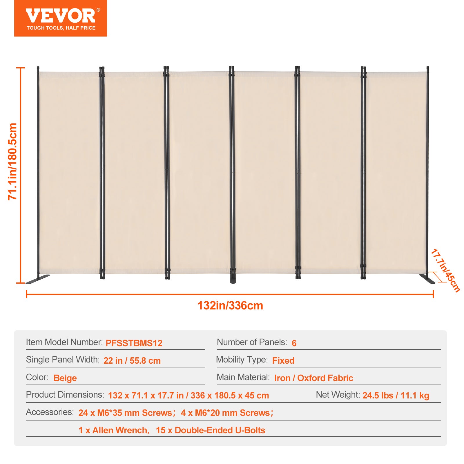Paravent Multifonctionnel VEVOR 6 Panneaux,Cloison Séparatrice 311 x 180,5 cm,Pliable,Brise-vue pour Bureau,Chambre,Salon,Beige - 7