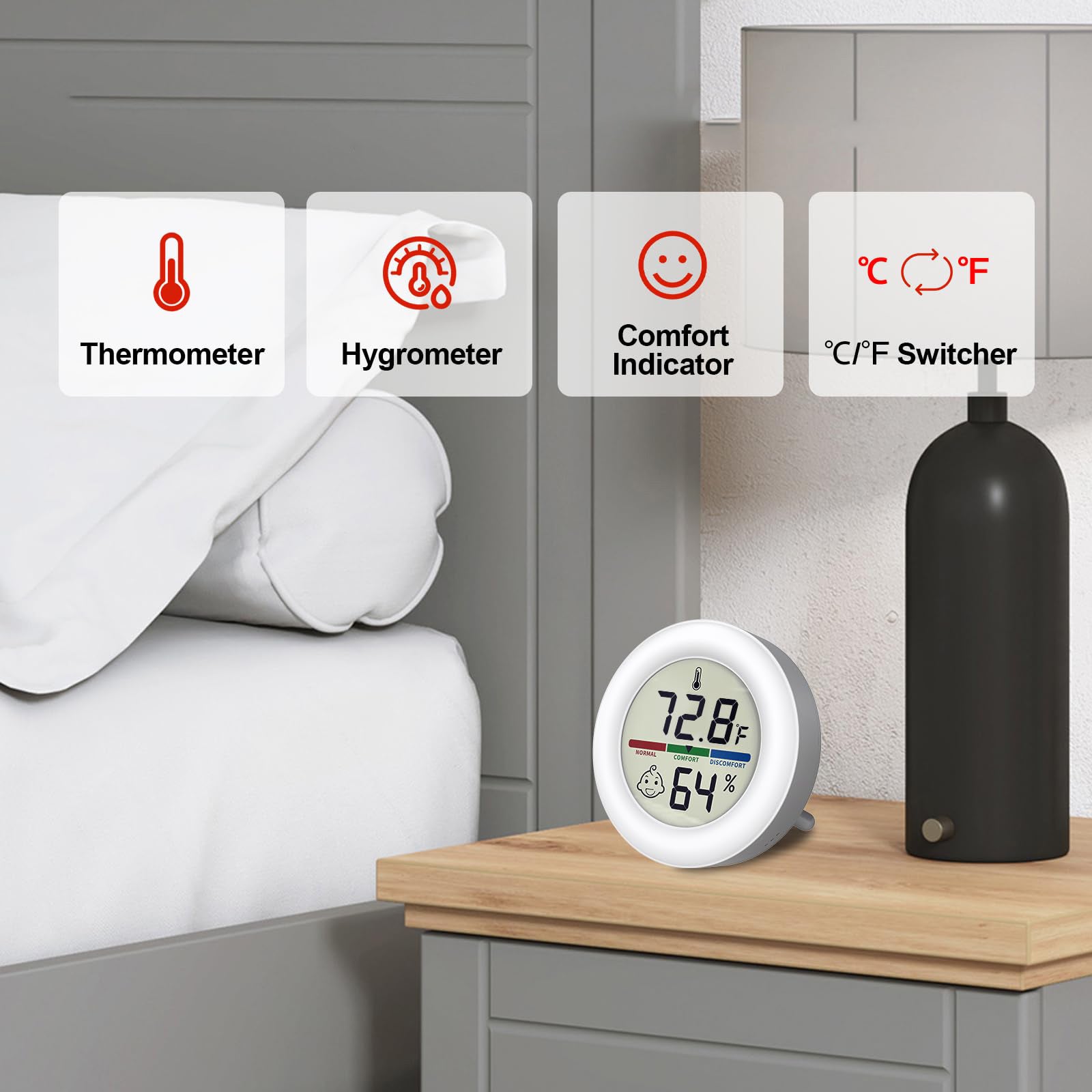 200pcs Thermomètre hygromètre numérique LCD électronique rond de haute précision, blanc - 2