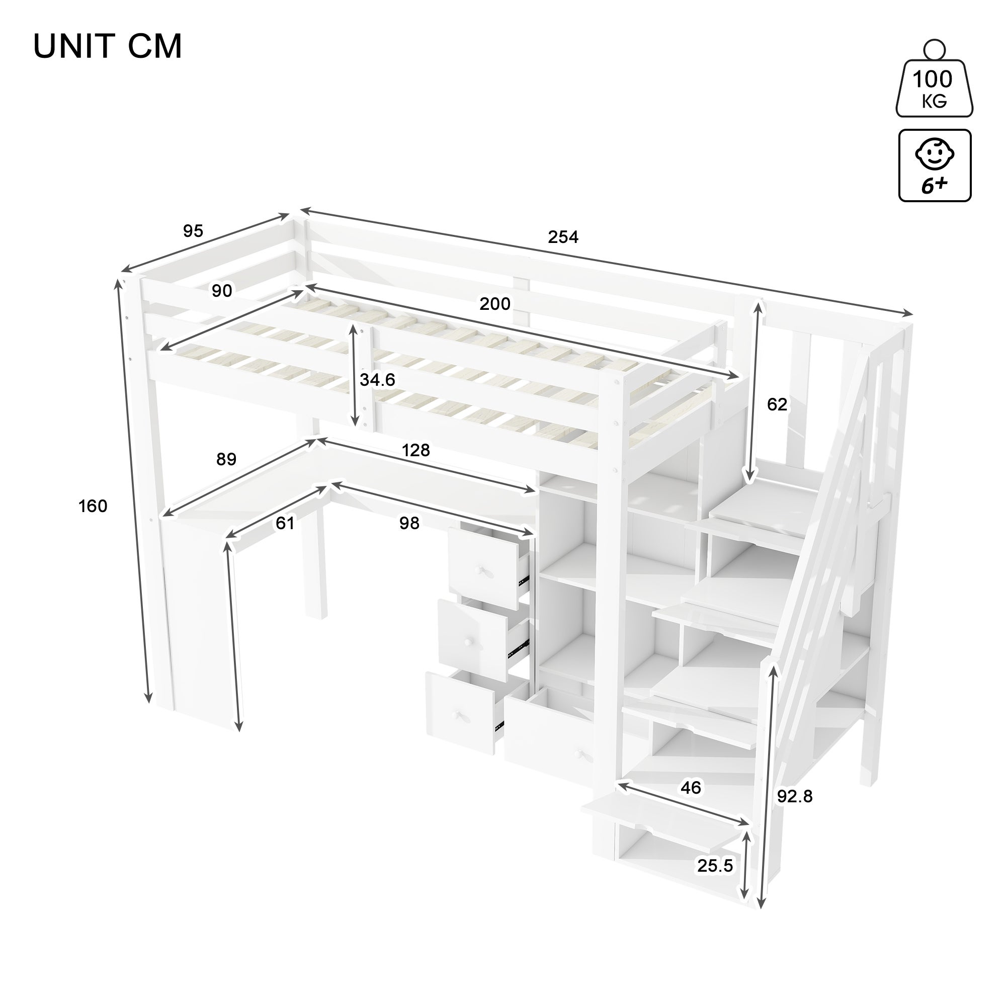 Lit mezzanine 90 x 200 cm, rampe, bureau, tiroirs, armoire de rangement ouverte, escabeau escamotable, étagères multiples - 6