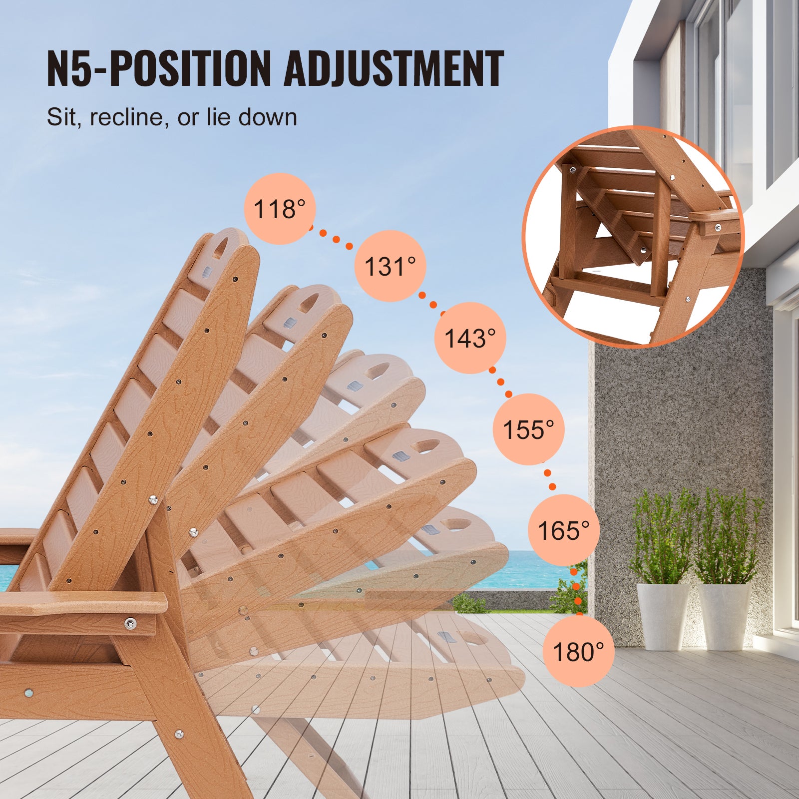 Bain Soleil VEVOR, Charge 181 kg, PEHD, avec Dossier Réglable sur 6 Positions, Accoudoir, Porte-gobelet, pour Terrasse, Patio, Pelouse, Marron - 3
