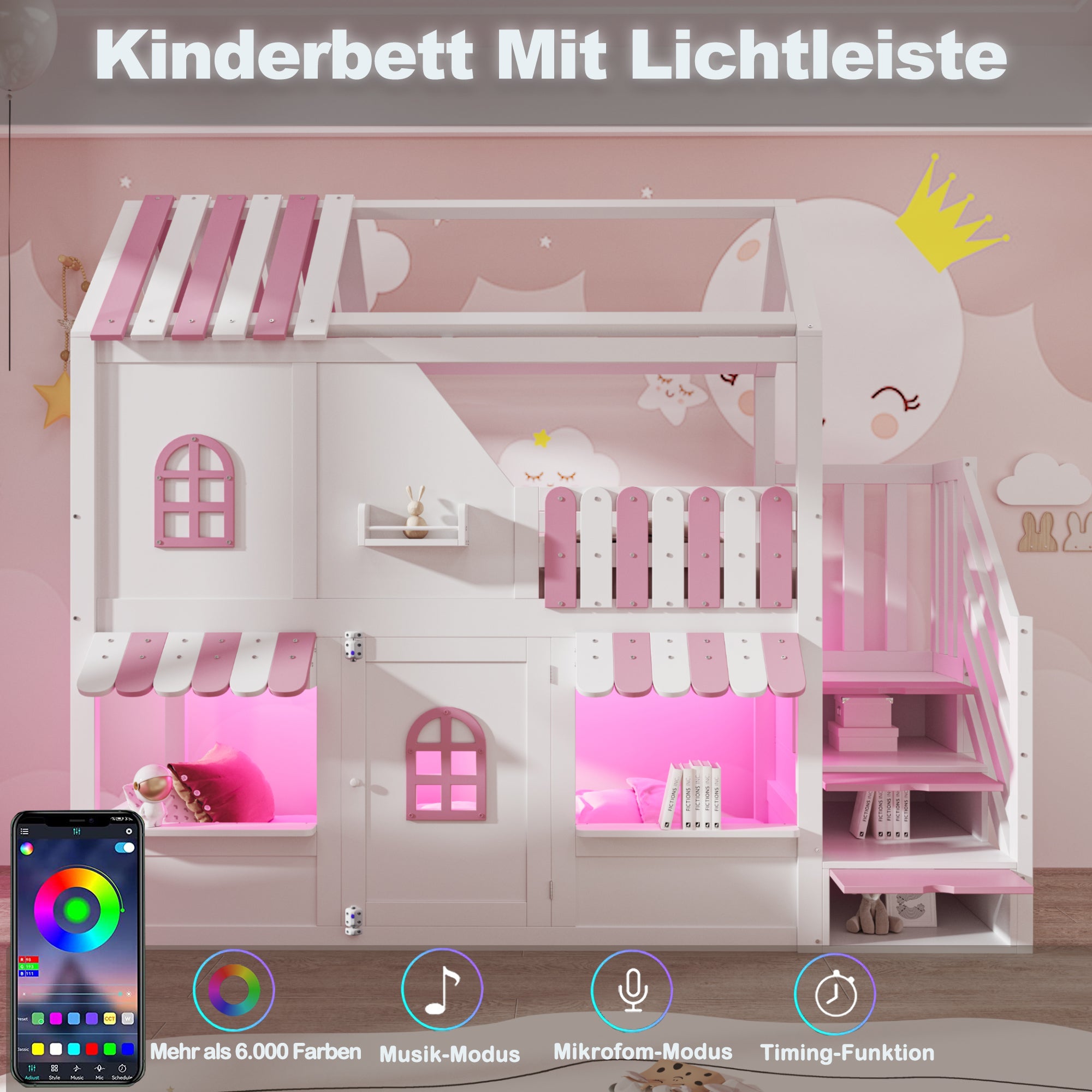 Lit superposé 90 x 200 cm avec fenêtres, toit, auvent, rambarde et porte - Pin + contreplaqué + MDF - LEDs - Rose + blanc (Sans matelas) - 5